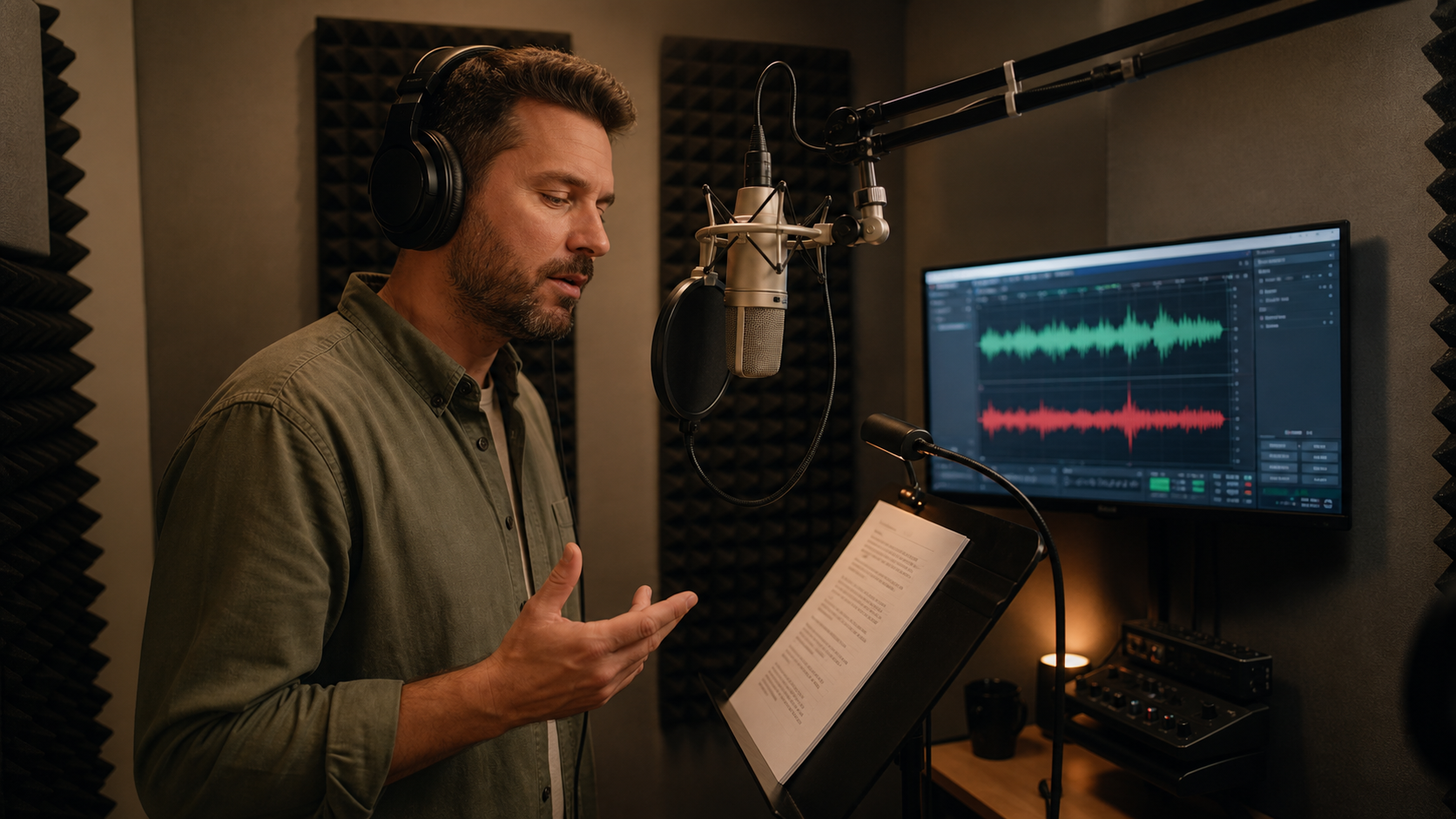 Comédien voix off enregistrant une narration publicitaire devant un micro sur pied avec script imprimé